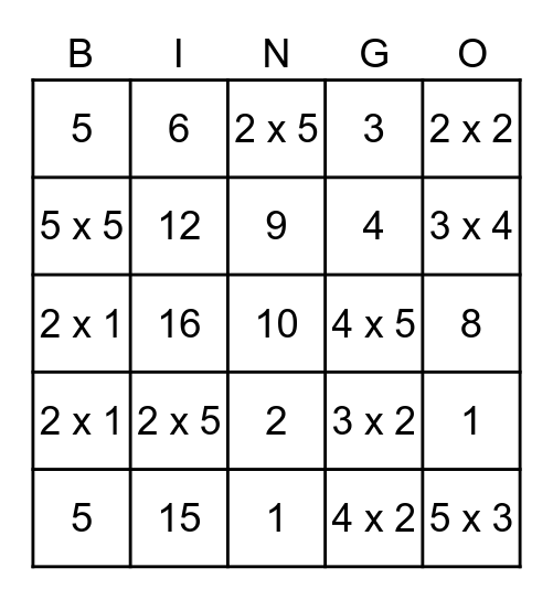 Multiplication Bingo Card