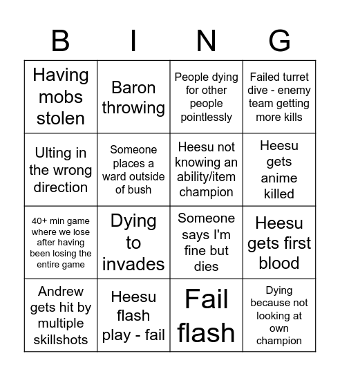 League of bingo Card