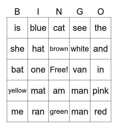 Sight Words Bingo Card