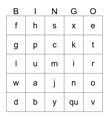 Lowercase Letters Bingo Card