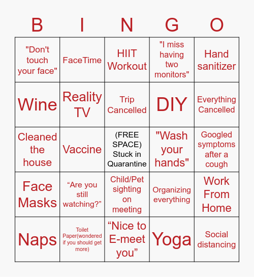 Quarantine Bingo Card