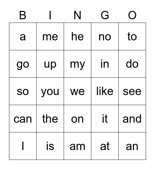 List A Bingo Card