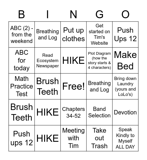 Monday Bingo Card