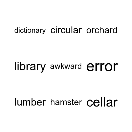 Words & Definitions Bingo Card