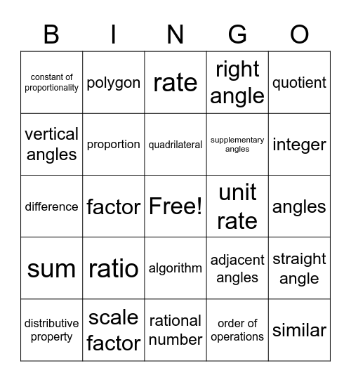 Math Vocabulary Bingo Card