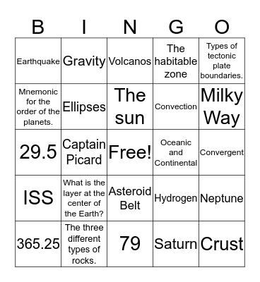 Earth & Space Bingo Card