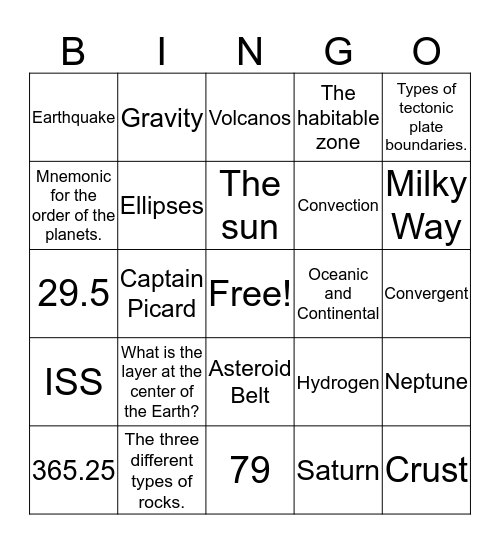 Earth & Space Bingo Card