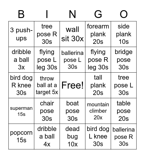 Core Strength Bingo Card