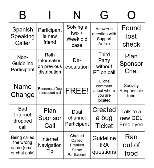 Participant Success Bingo Card