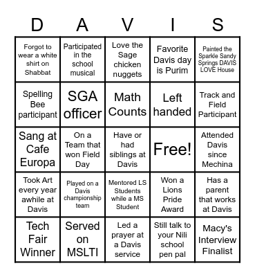 Class of 2020 Davis Bingo Card