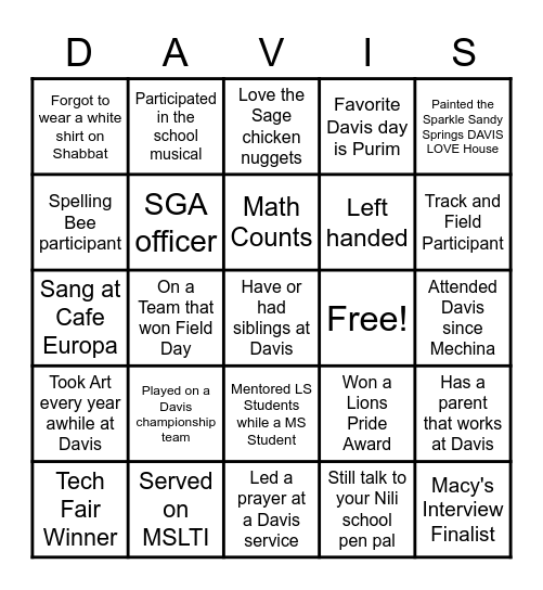 Class of 2020 Davis Bingo Card