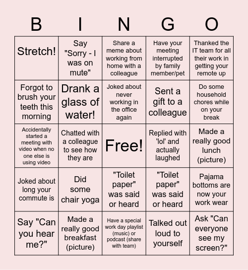 Remote Work Bingo Card