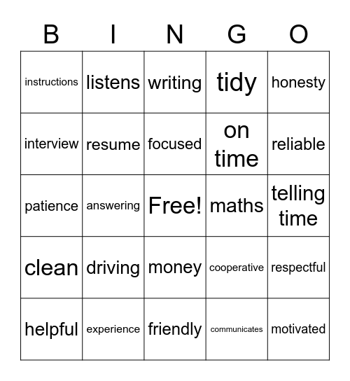 Job Readiness Bingo Card