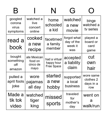 Quarantine Bingo Card