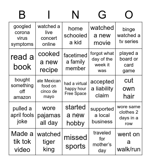 Quarantine Bingo Card