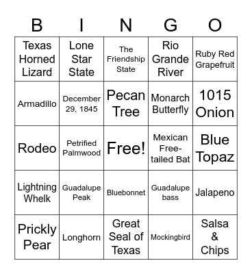 TEXAS SYMBOLS Bingo Card