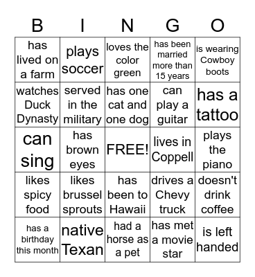 GETTING TO KNOW YOU BINGO Card