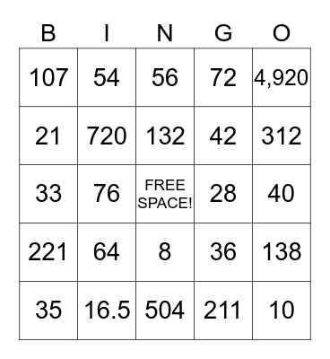 X and ÷ Bingo Card