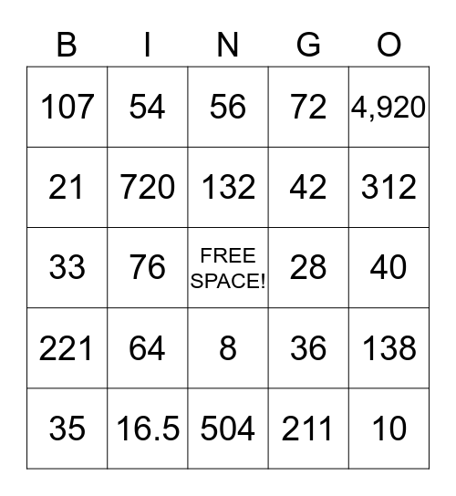 X and ÷ Bingo Card