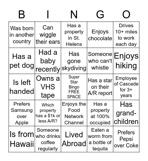 Super Star Bingo! Bingo Card