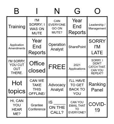 Conferance Call Bingo Card