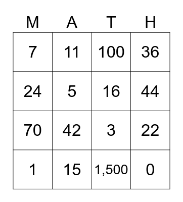 Math Facts Bingo Card