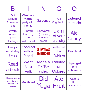 SELF-CARE DURING QUARANTINE BINGO Card