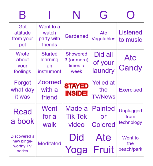 SELF-CARE DURING QUARANTINE BINGO Card