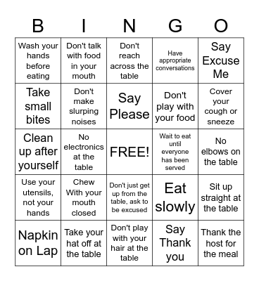 TABLE MANNERS Bingo Card