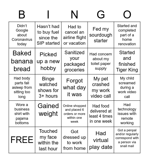 Work From Home Bingo Card