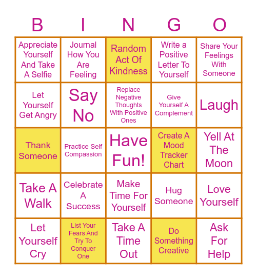 Self-Care Summer Bingo- August Emotional Care Bingo Card