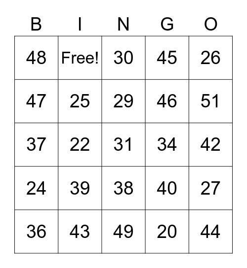 Random numbers 20-50 Bingo Card