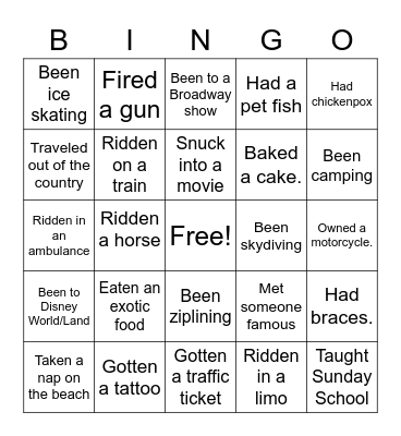 Never have I ever... Bingo Card