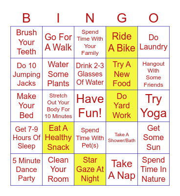 Self-Care Summer Bingo- July Physical Care Bingo Card