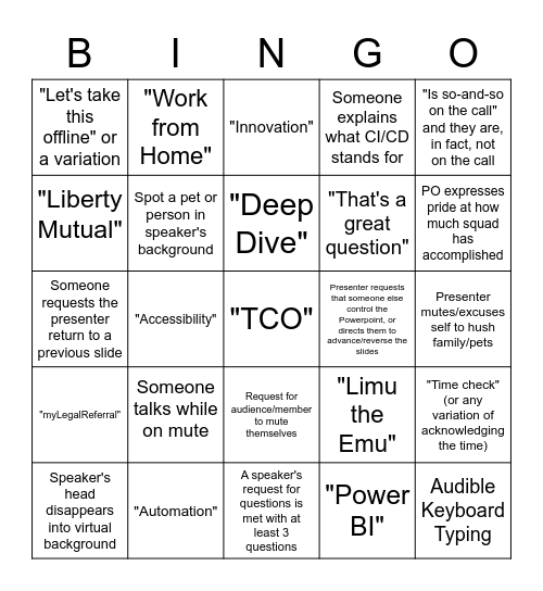 PI Planning Lingo BINGO Card