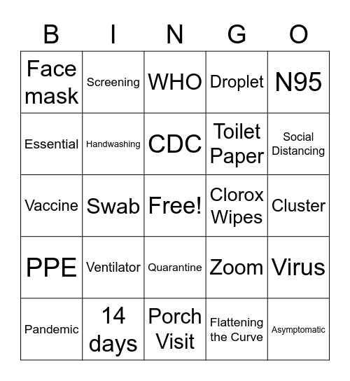 Corona Virus Bingo Card
