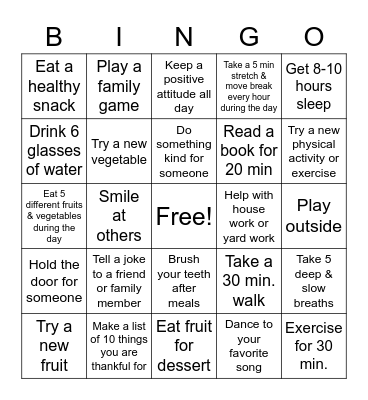 Healthy Choices Bingo Card