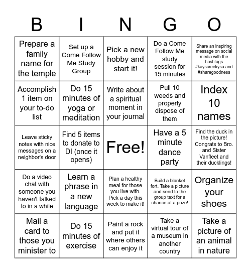 Kays Creek YSA FHE Bingo Card