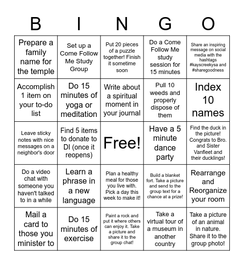 Kays Creek YSA FHE Bingo Card