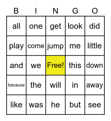 Sight Words Bingo Card