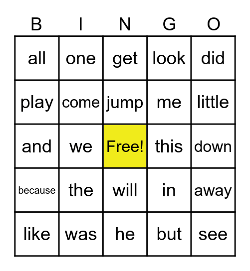 Sight Words Bingo Card