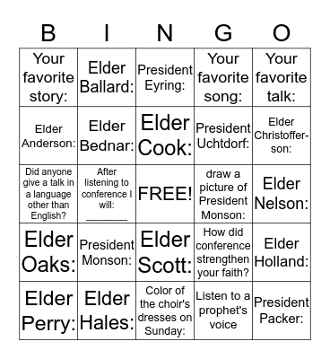 General Conference Bingo Card