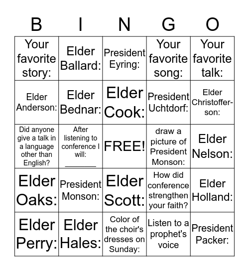 General Conference Bingo Card