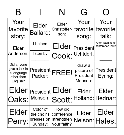 General Conference Bingo Card