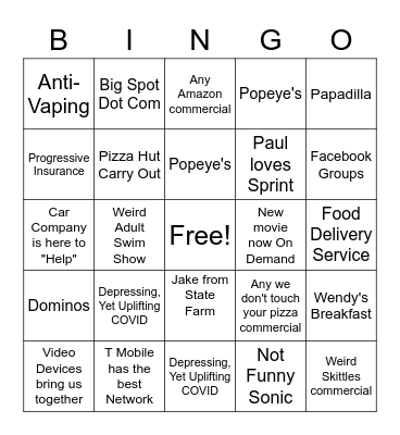 COVID Commercial Bingo Card