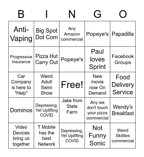 COVID Commercial Bingo Card