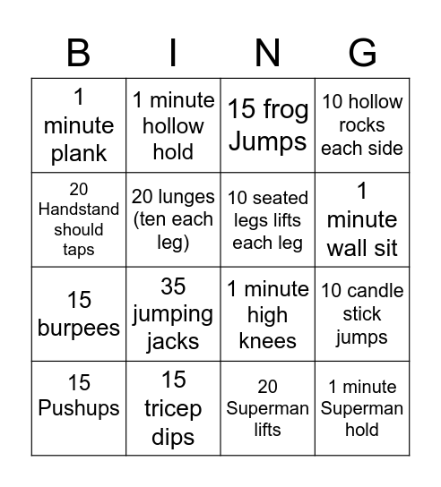 USGA Conditioning Bingo Card
