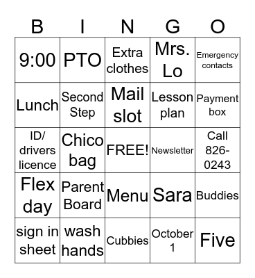 Preschool BINGO Card