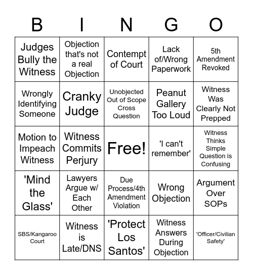 NoPixel Court Bingo Card