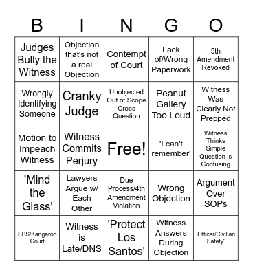 NoPixel Court Bingo Card